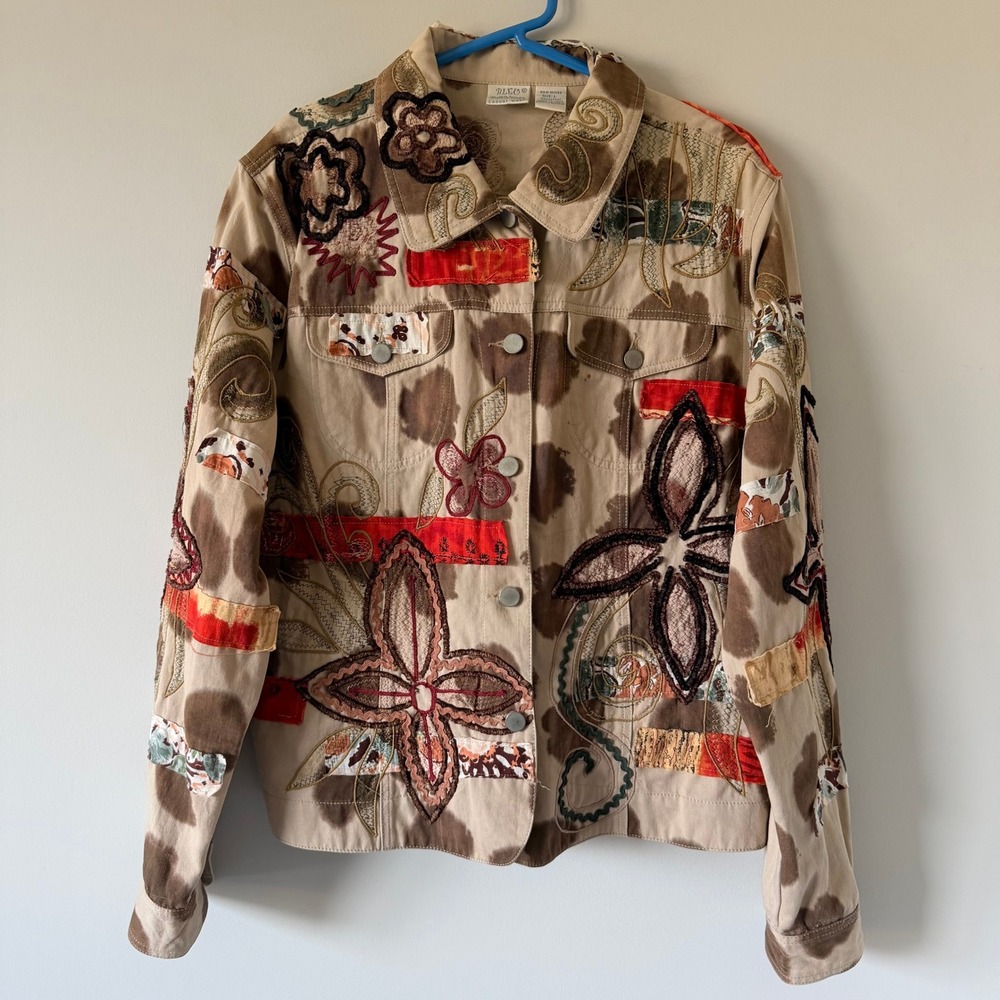 Bleu Bayou Womens‎ Large Patchwork Floral Embroidered Cotton Jacket Boho Brown L